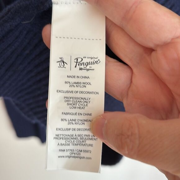 Penguin Dark Blue V-Neck Lambs wool Sweater Geometric Elbow Patch grandpa XL GUC - Picture 5 of 7